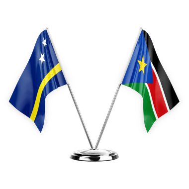 Two table flags isolated on white background 3d illustration, curacao and south sudan
