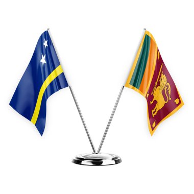 Two table flags isolated on white background 3d illustration, curacao and sri lanka