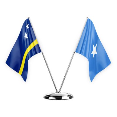 Two table flags isolated on white background 3d illustration, curacao and somalia