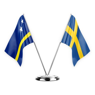 Two table flags isolated on white background 3d illustration, curacao and sweden