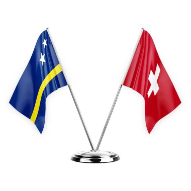 Two table flags isolated on white background 3d illustration, curacao and switzerland