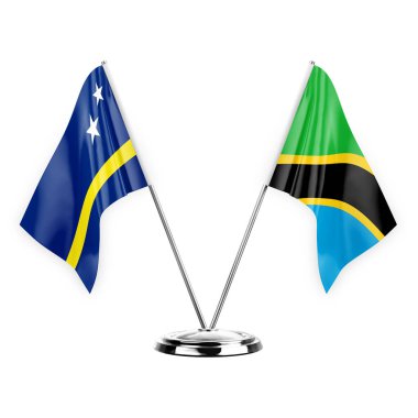 Two table flags isolated on white background 3d illustration, curacao and tanzania