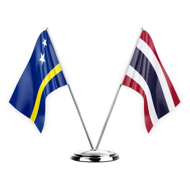 Two table flags isolated on white background 3d illustration, curacao and thailand