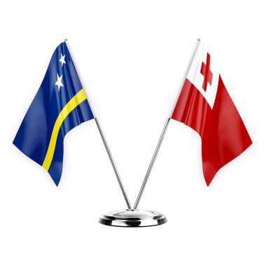 Two table flags isolated on white background 3d illustration, curacao and tonga