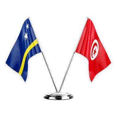 Two table flags isolated on white background 3d illustration, curacao and tunisia