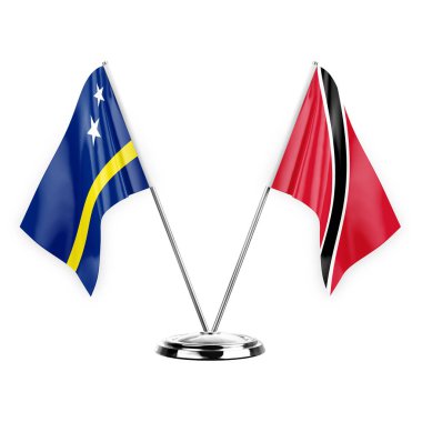 Two table flags isolated on white background 3d illustration, curacao and tobago