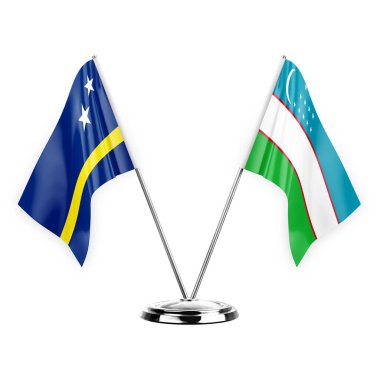 Two table flags isolated on white background 3d illustration, curacao and uzbekistan