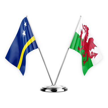 Two table flags isolated on white background 3d illustration, curacao and wales