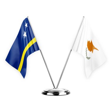 Two table flags isolated on white background 3d illustration, curacao and cyprus