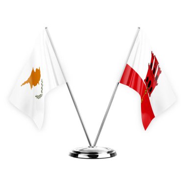 Two table flags isolated on white background 3d illustration, cyprus and gibraltar