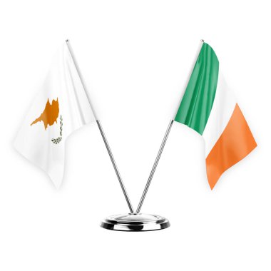Two table flags isolated on white background 3d illustration, cyprus and ireland