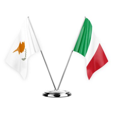 Two table flags isolated on white background 3d illustration, cyprus and italy