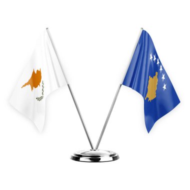 Two table flags isolated on white background 3d illustration, cyprus and kosovo