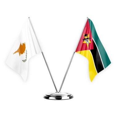 Two table flags isolated on white background 3d illustration, cyprus and mozambique
