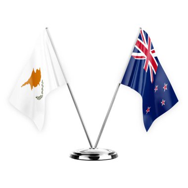Two table flags isolated on white background 3d illustration, cyprus and new zealand