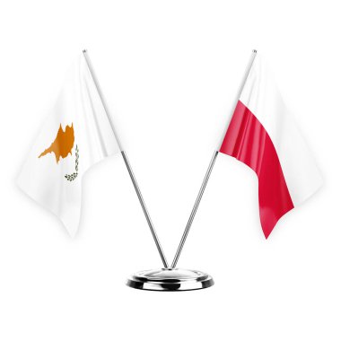 Two table flags isolated on white background 3d illustration, cyprus and poland