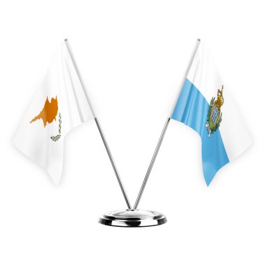 Two table flags isolated on white background 3d illustration, cyprus and san marino