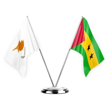 Two table flags isolated on white background 3d illustration, cyprus and sao tome and principe