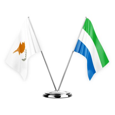 Two table flags isolated on white background 3d illustration, cyprus and sierra leone