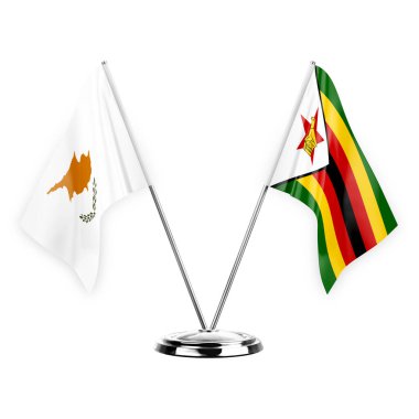Two table flags isolated on white background 3d illustration, cyprus and zimbabwe