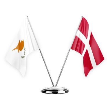 Two table flags isolated on white background 3d illustration, cyprus and denmark