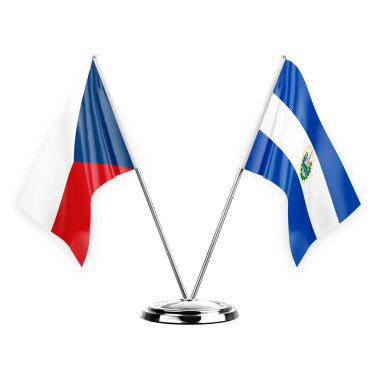 Two table flags isolated on white background 3d illustration, czechia and el salvador