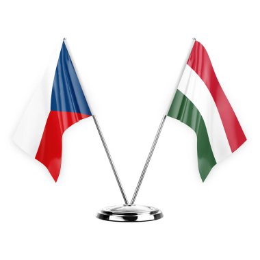 Two table flags isolated on white background 3d illustration, czechia and hungary