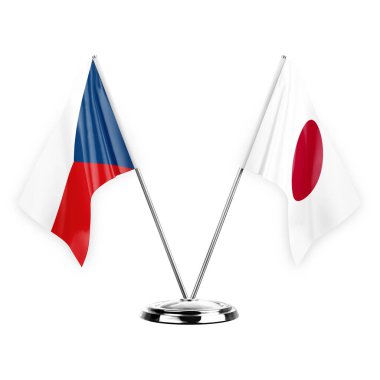 Two table flags isolated on white background 3d illustration, czechia and japan