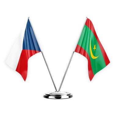 Two table flags isolated on white background 3d illustration, czechia and mauritania