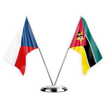Two table flags isolated on white background 3d illustration, czechia and mozambique