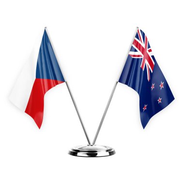 Two table flags isolated on white background 3d illustration, czechia and new zealand