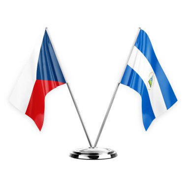 Two table flags isolated on white background 3d illustration, czechia and nicaragua