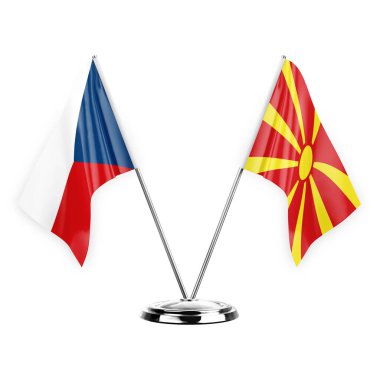 Two table flags isolated on white background 3d illustration, czechia and north macedonia