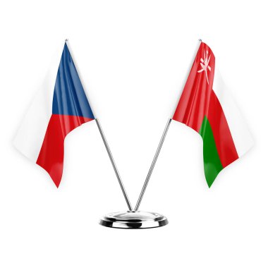 Two table flags isolated on white background 3d illustration, czechia and oman