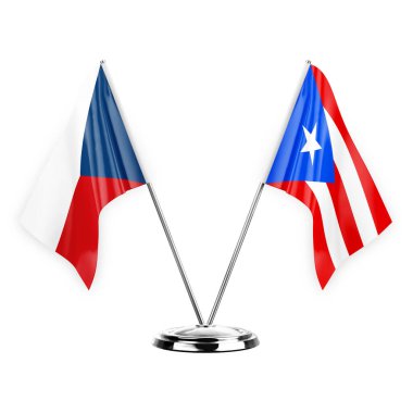 Two table flags isolated on white background 3d illustration, czechia and puerto rico