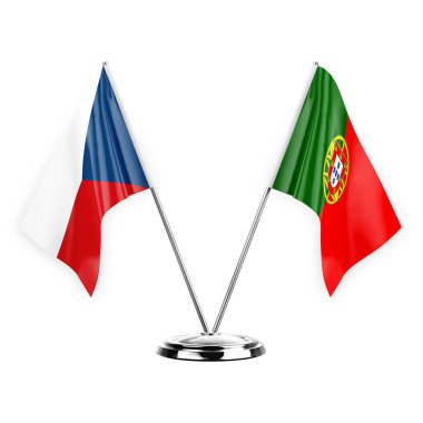 Two table flags isolated on white background 3d illustration, czechia and portugal