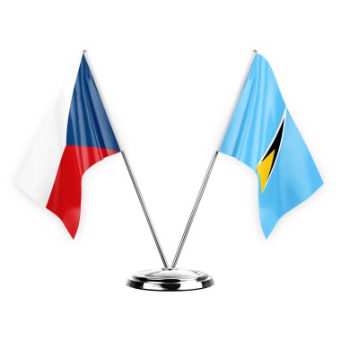 Two table flags isolated on white background 3d illustration, czechia and saint lucia