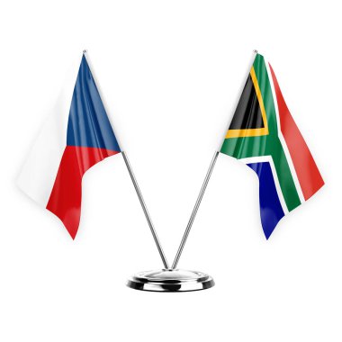 Two table flags isolated on white background 3d illustration, czechia and south africa