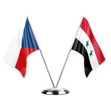 Two table flags isolated on white background 3d illustration, czechia and syria