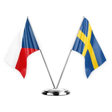 Two table flags isolated on white background 3d illustration, czechia and sweden
