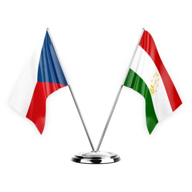 Two table flags isolated on white background 3d illustration, czechia and tajikistan