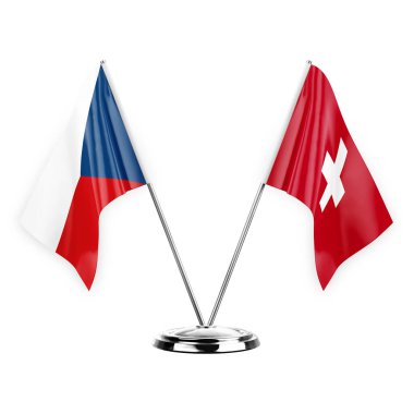 Two table flags isolated on white background 3d illustration, czechia and switzerland