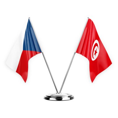 Two table flags isolated on white background 3d illustration, czechia and tunisia
