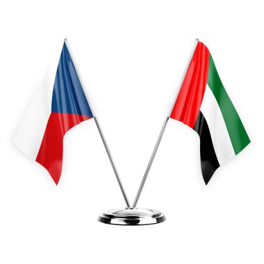 Two table flags isolated on white background 3d illustration, czechia and united arab emirates