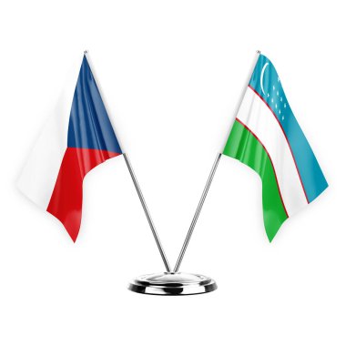 Two table flags isolated on white background 3d illustration, czechia and uzbekistan