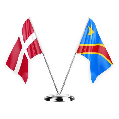 Two table flags isolated on white background 3d illustration, denmark and dr congo