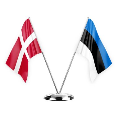 Two table flags isolated on white background 3d illustration, denmark and estonia