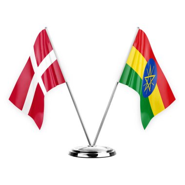 Two table flags isolated on white background 3d illustration, denmark and ethiopia