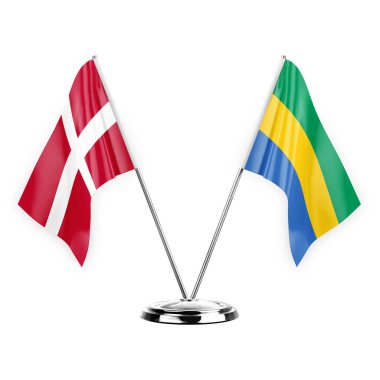 Two table flags isolated on white background 3d illustration, denmark and gabon