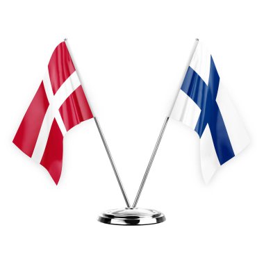Two table flags isolated on white background 3d illustration, denmark and finland